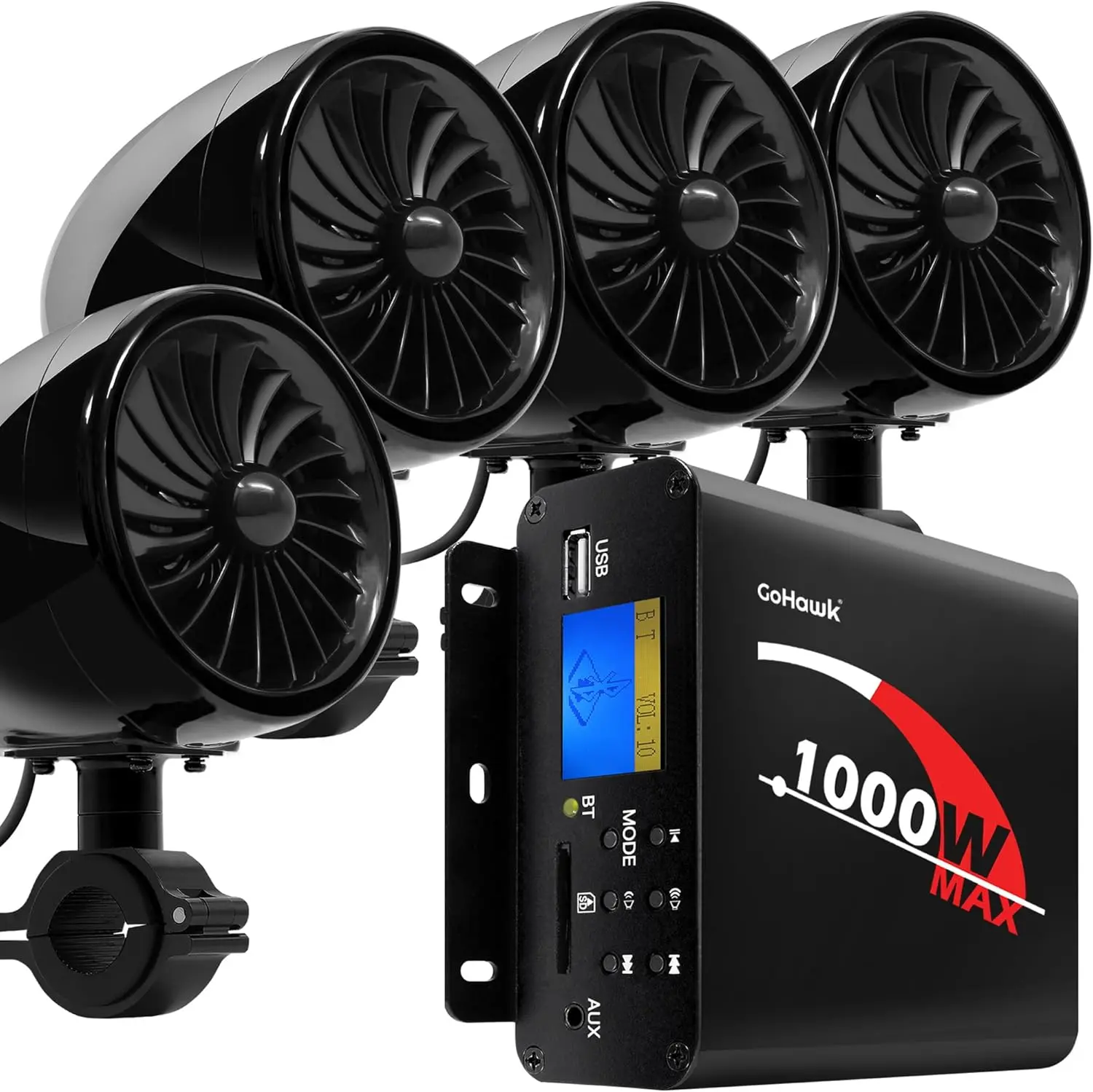 GoHawk Motorcycle Speakers and Amplifier Audio Sound System, 1000W Bluetooth Weatherproof 4 Inch Radio Audio System AUX USB SD FM Radio, Volume Control, ATV UTV Compatible