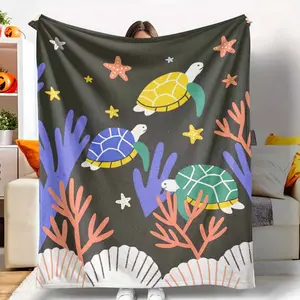 Sea Turtle Coral Starfish Pattern Flannel Blanket Ocean Marine Life Print Soft Warm Cozy Lightweight Throw for Bedroom Sofa Beach Picnic Travel Housewarming Gift Relaxing Home Decor Use tiktokshopspringglowup
