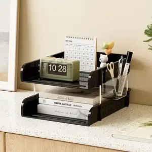 Transparent Plastic File Rack 2 Layer Office Desktop Multi-Layer Document Organizer with Side Hole Board and Pen Holder Files Organizer