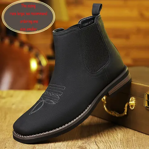 Men's Western Square-Toe Chelsea Ankle & Mid-Calf Casual Outdoor Boots - PU Material, Mid-Tube Structure, Rubber Sole, Vintage Classic, Comfortable, Versatile, Studded, All-Season Casual Outdoor Work Shoes (Khaki, Black),outdoorfun