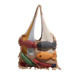 2026 New Niche Versatile Fashion Patchwork Personality Fish Handbag Knitted Tote Bag for College Students, Large Capacity Women's Bag for Class and mute