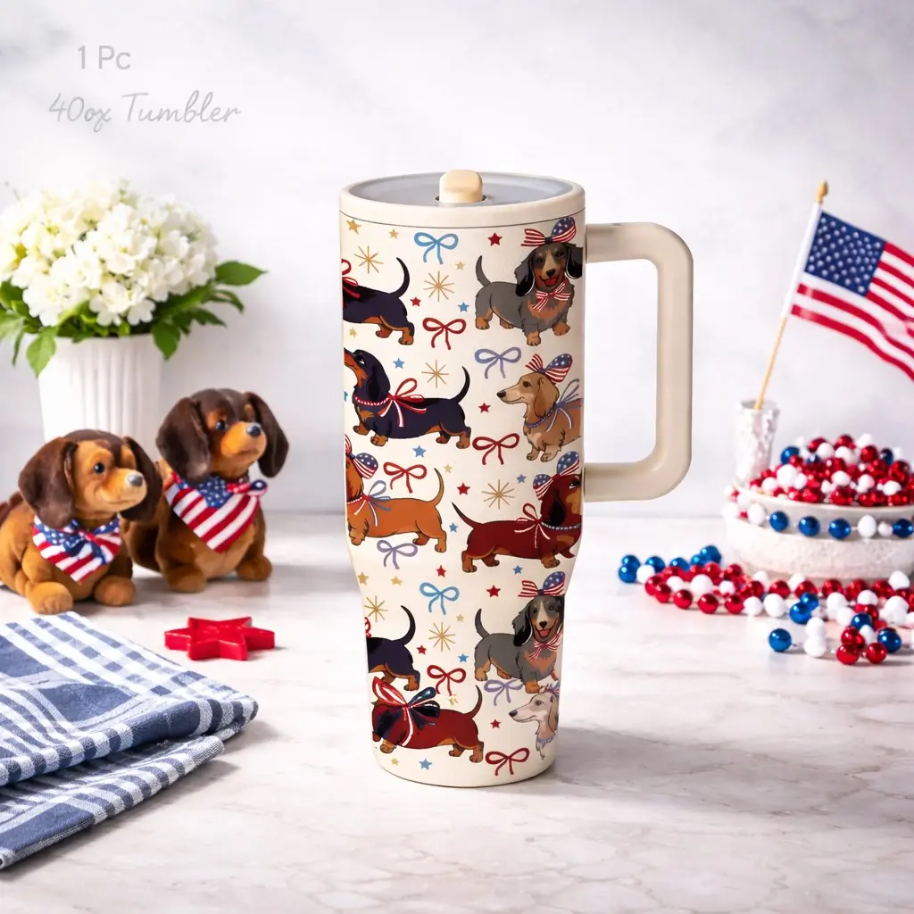 1 Pc 40oz Insulated Drink Tumbler, Thermo tumbler, double wall vacuum mug, leak proof travel mug with handle, 4th of July patriotic tumbler, USA flag dachshund dog design, 12h hot 24h cold, gift for women men, reusable coffee mug