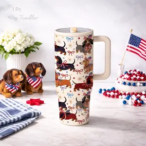 1 Pc 40oz insulated tumbler, Thermo tumbler, double wall vacuum mug, leak proof travel mug with handle, 4th of July patriotic tumbler, USA flag dachshund dog design, 12h hot 24h cold, gift for women men, reusable coffee mug