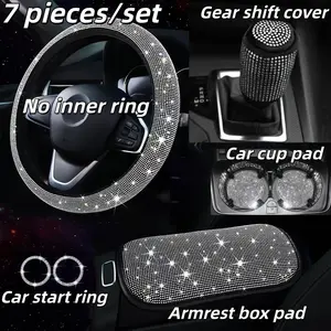 7pcs/set, Artificial Diamond Car Interior Accessory Set, Shiny Center Console Decorations, Unisex, Steering Wheel Cover Without Inner Ring + Gear Shift Cover + Armrest Box Pad + 2 Cup Holder Coasters + 2 Car Start Rings