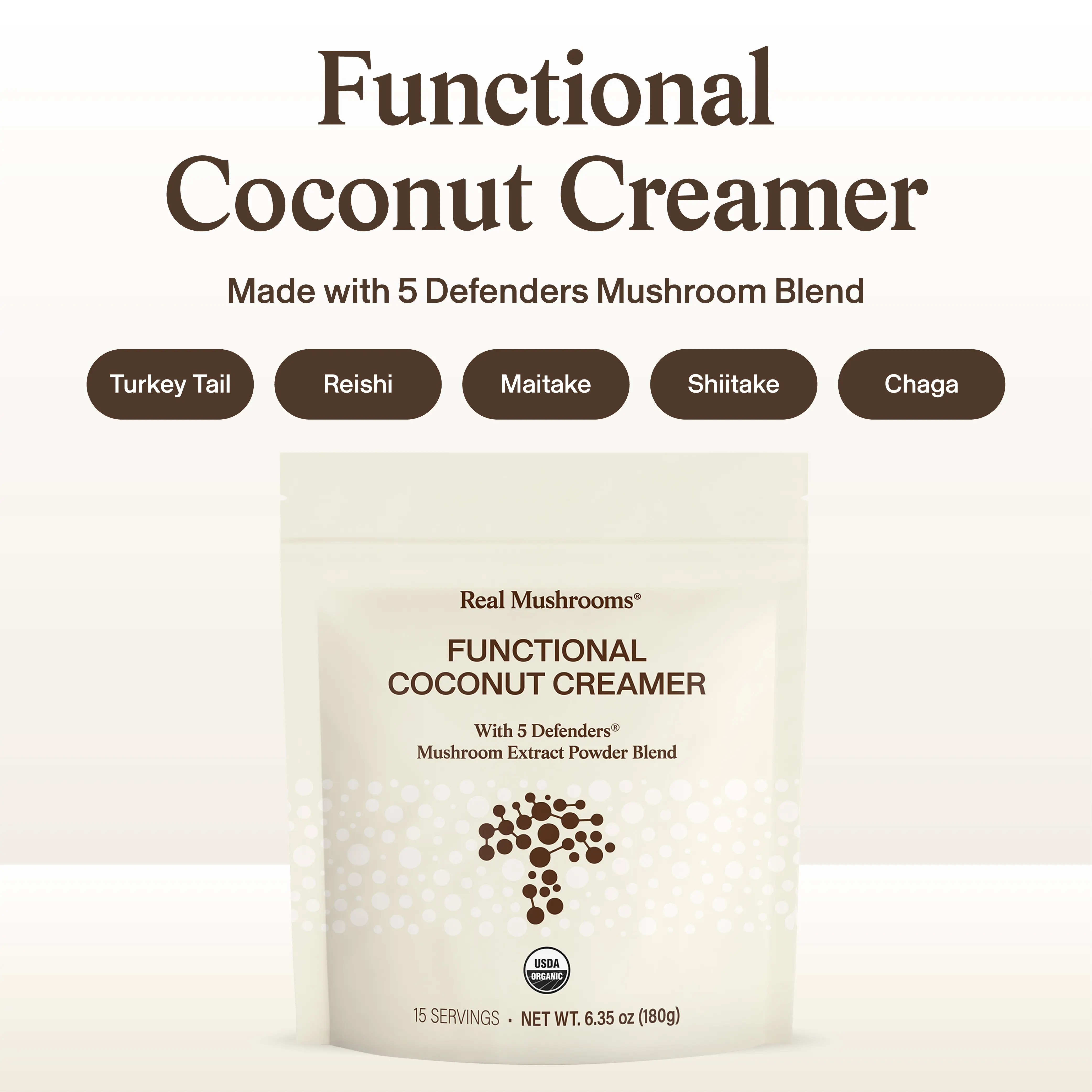 REAL MUSHROOMS Functional Coconut Creamer Powder with 5 Defenders Organic Mushroom Extract USDA Certified Organic Dairy-Free Gluten-Free Non-GMO Vegan 15 Servings