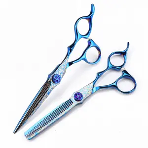 1PC Professional Blue Damascus Hair Cutting Scissors Gem Screw Haircut Thinning Barber Tools Stainless Steel Shears Hairdressing Scissors Hairdressing Scissor Hair Cutting Tool High-grade blue Pattern Cut Sharp Scissor thinning Scissor for Barber