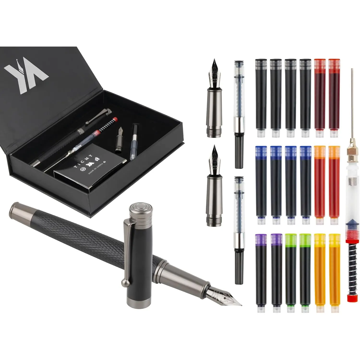 Fancy Fountain Pen Set - Fine & Medium Nibs, Includes 18 Ink Cartridges, Ink Converter,  Filler, Luxury  for Writing, Journaling & Calligraphy,Black