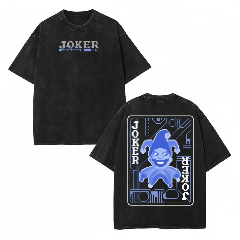 Balatro Blue Joker Pixel Washed 2 sided printed T-Shirt, Menswear Tops shirts men, Cotton unisex graphic tees hoodie game merch Menswear Clothes Soft trendy game day unisex Casual Straight casual