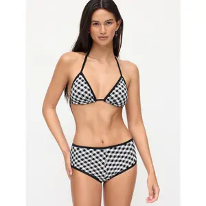 Cider High Stretch Halter Neck Checks Triangle Top & Low Rise Contrasting Binding Shorts Bikini Set