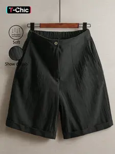 Women's Summer Linen Solid Shorts, Thin Fit High-Waisted Wide-Leg Casual Straight Leg Pants, Fashionable Outdoor Sports Wear, Athleisure Shorts