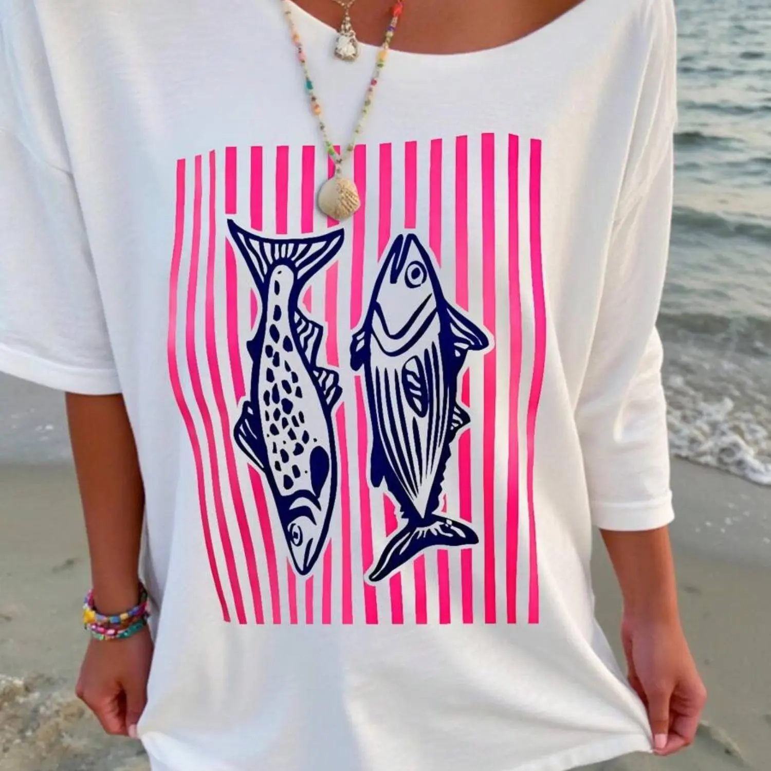 Asymmetrical Neckline Retro Sardine Fish Print T-Shirt, Aesthetic 90s Style Seafood Vacation Top