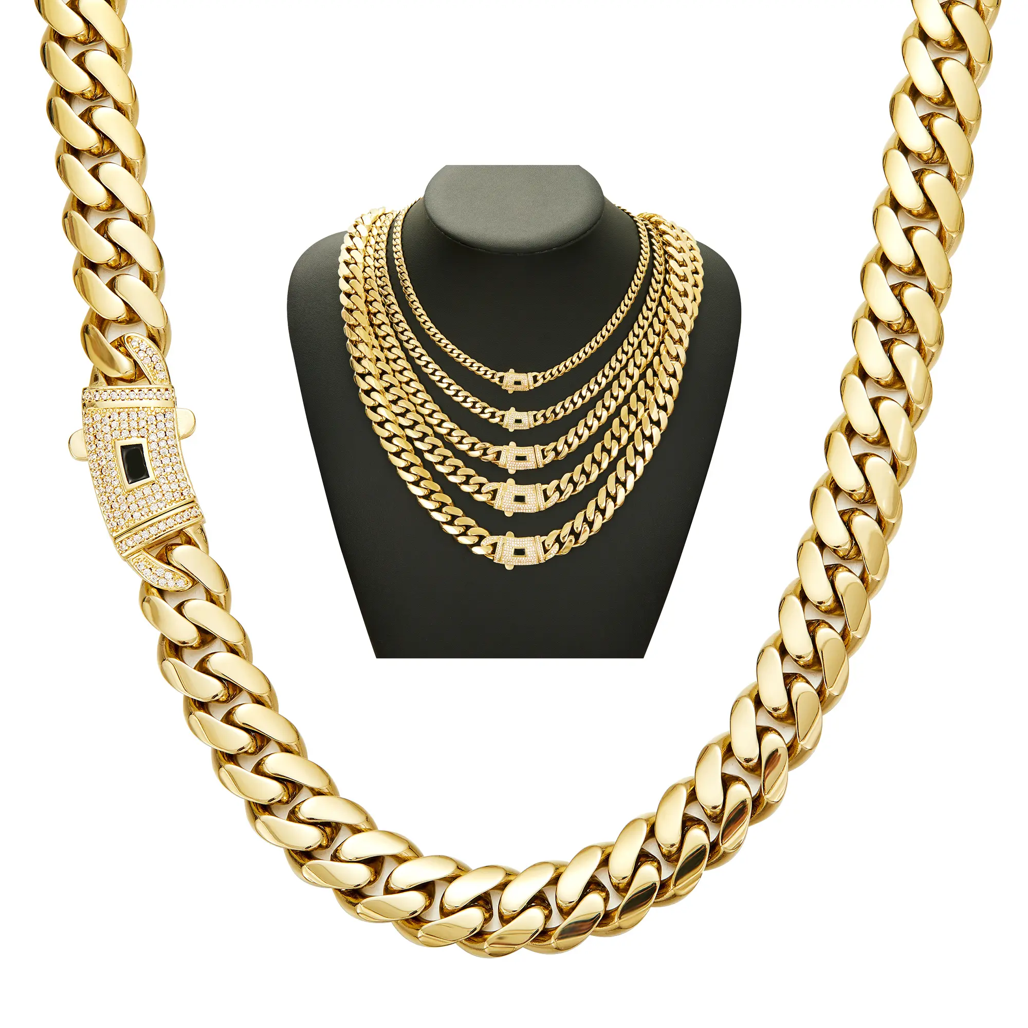 14K Gold Cuban Link Necklace – Premium Handcrafted Miami Cuban with Iced Zircon Stones, Mirror Polish Finish, Waterproof, Tarnish Resistant & Hypoallergenic, 6mm–14mm, Luxury Gift