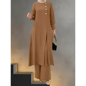 TraditionalElegantTwo-PieceOutfit-LongButton-UpShirtandWide-LegPants-SuitableforDailyHomeWear,CasualOutings,andCommutingModestWomen'sMuslimTunicBeige