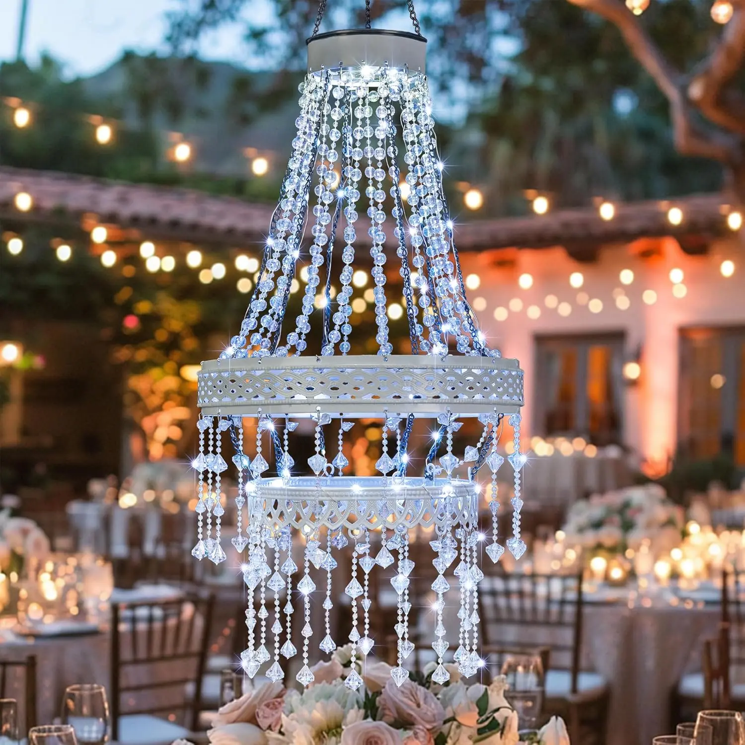 Solar Crystal Chandelier Outdoor, Hanging Waterproof LED Chandelier for Gazebo, Patio & Pergola, 36 LED Solar Pendant Light for Garden, Wedding & Party Decor