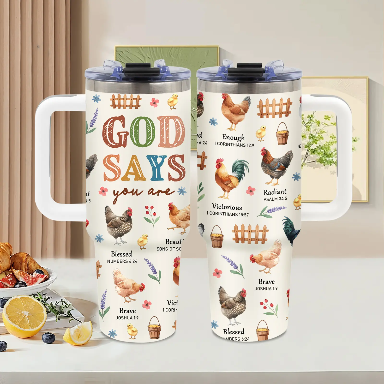 Chicken Bible Verse， 40oz tumbler with handle， Summer Ice Stainless Steel Vacuum Insulated Travel Mug， watercolor farmhouse design， Chicken Lover Gift， for home and office， Birthday Gift， Water Bottle， Tumbler Gift for Women and Men