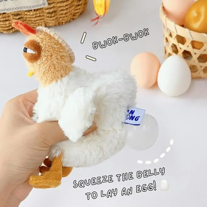 Fluffy Chicken Keychain, Playful Plush Animal Bag Charm with Squeaky Egg-Laying Action, Funny Gag Gift for Birthdays & April Fools' Pranks, Animals, Chicken Form, Soft Plush, Funny Eyes, Birthday Gift Ideas, Fabric, Unisex