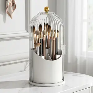 Makeup Brush Holder with Lid 360 Rotating Clear Dustproof Organizer for Vanity Bathroom Countertop Transparent Storage Solution tiktokshopspringglowup