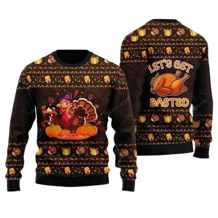 Thanksgiving Ugly Sweater, Lets Get Basted Turkey Ugly Sweater, Funny Chicken Pattern Brown Sweater