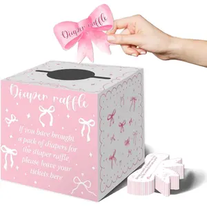 Bow  Shower Decorations, Diaper Raffle Box for  Shower with 50 count Cards ' Party Banners  for Girl,  Bow  Shower Decorations  Shower Raffle Tickets