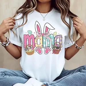 Spring Celebration Easter Bunny Mama T Shirt Featuring Bunny Ears Basket and Paw Prints