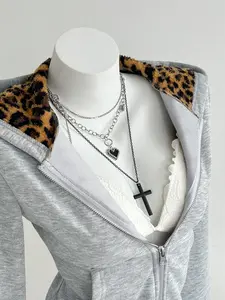 Women's Leopard Print Hooded Jacket, Basic Long Sleeve Loose Fit Zipper Sweatshirt, Casual Comfortable Daily Wear, School Style