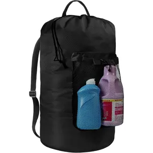Laundry Bag with Shoulder Straps and Mesh Pocket Laundry Backpack Large Portable Laundry Hamper for College Laundromat Apartment (Black)