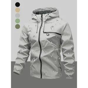 Men's Fitted Waterproof Windproof Hooded Jacket, Drawstring Zipper Pocket Design, Casual Long Sleeve Outdoor Coat for All Seasons