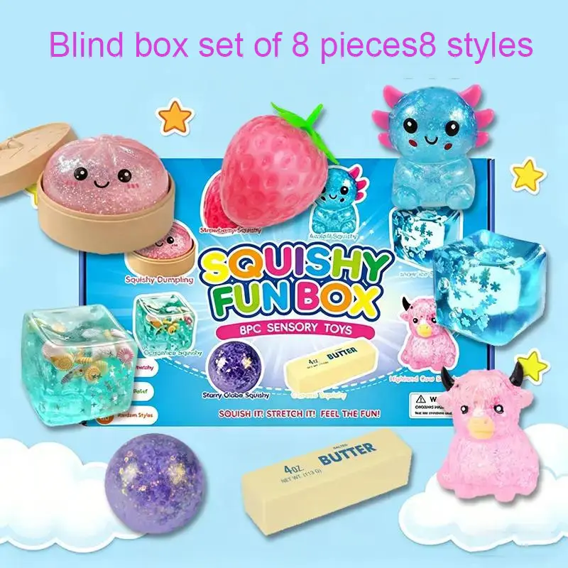 8-Piece Set Squishy Box,Malt Sugar Stress Relief Fidget Toys, Sensory Bundle, Creative Slow-Return Squishy, Party Gift, 8 Different Styles