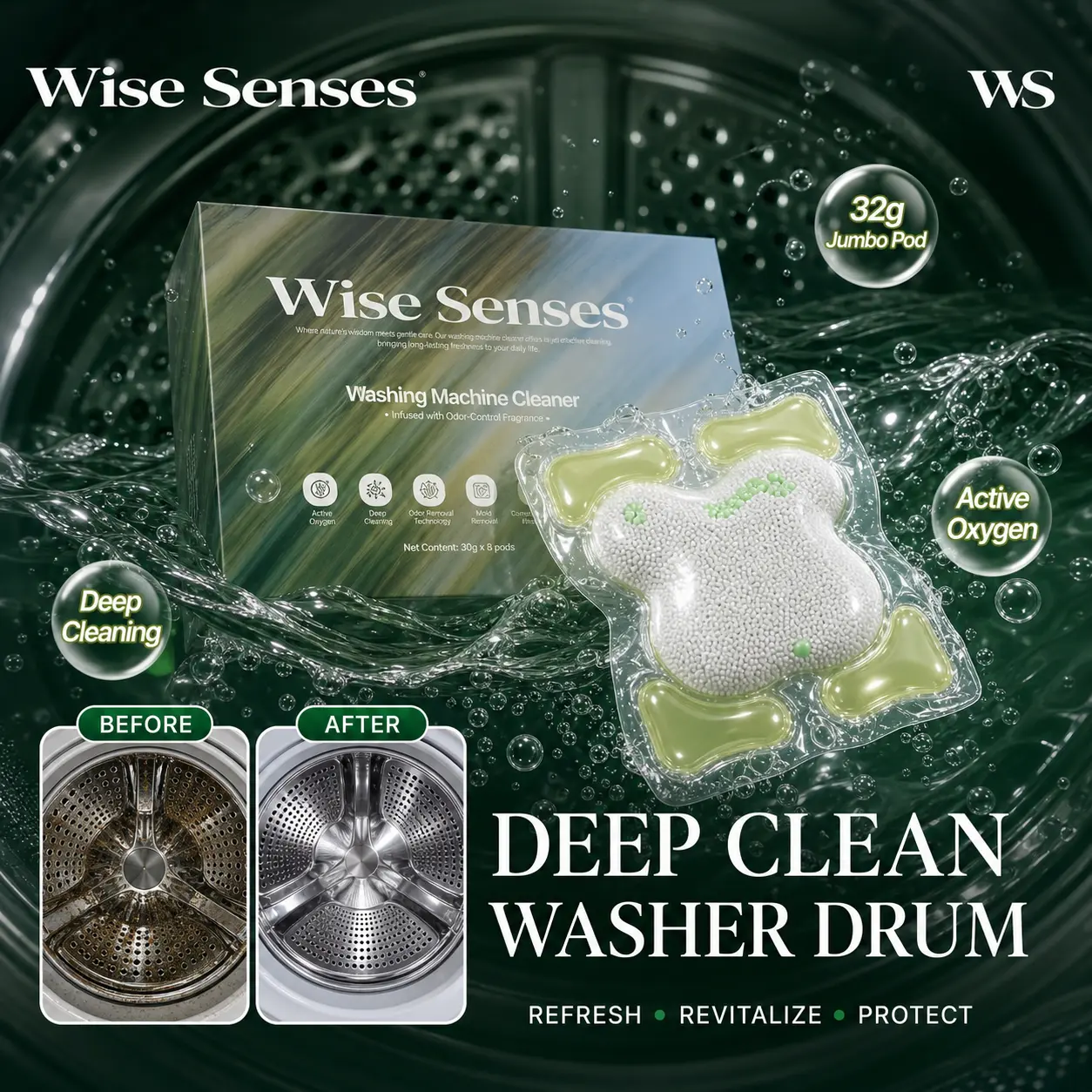 Wise Senses 32g Jumbo Washing Machine Cleaner Pods, 8 Count, 2-in-1 Deep Clean & Deodorizing Washer Cleaner, Helps Remove Pet Hair Residue, Musty Odor & Grime, Scented Descaler for All Washer Types Household