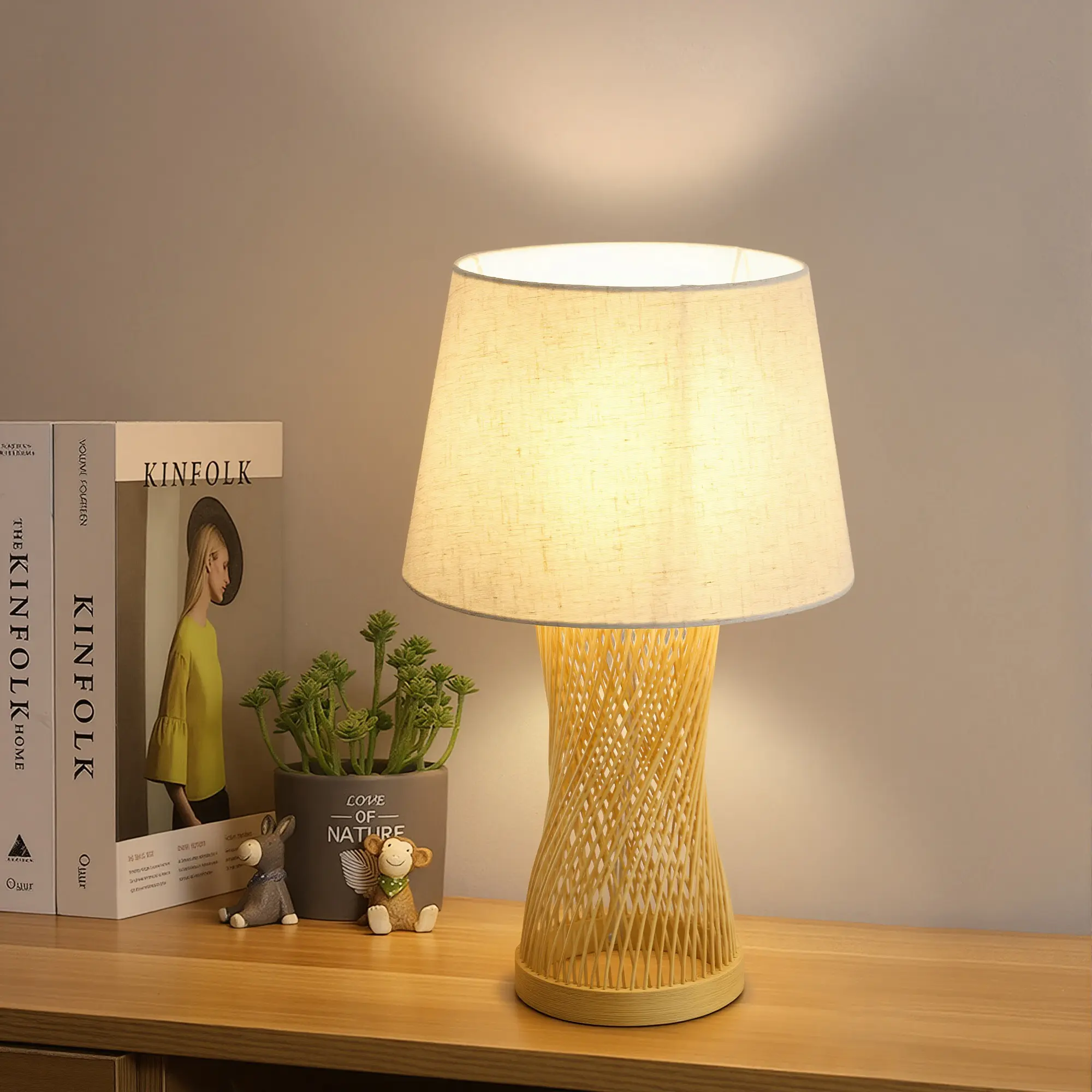 BOONITURE Boho Bamboo Lamp - Hourglass-shaped base, Rustic Eco-Friendly, 5.25ft Cord, Soft Linen Shade, Table Lamp, Free E26 Bulb, Lights, Desk Lamp, Homevibes, Cozyathome, WeeklyDeals sohochic