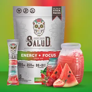 Salud 2-in-1 Energy Drink Powder + Focus – Fresandía Flavor – with Organic Caffeine, B6 & B12, L-Theanine & Threonine - 200mg & 350mg, 350 Servings (15), Vegan & Gluten Free - Healthcare, Dietary