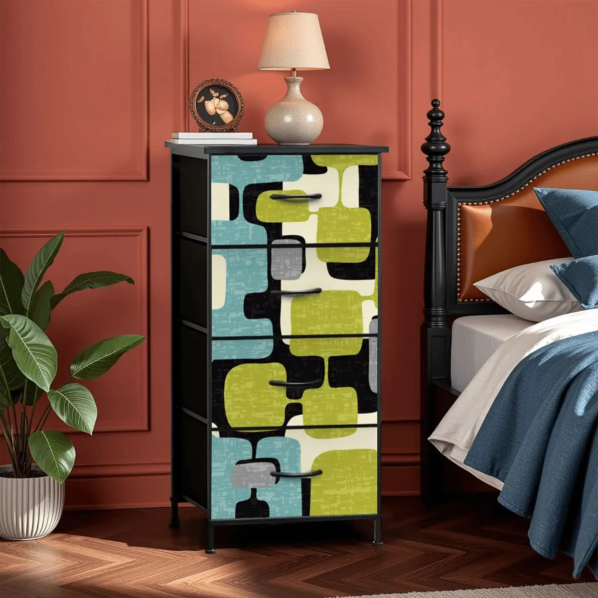Mid Century Modern Geometric Designed Mod Teal Green 4-Drawer Dresser