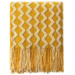 NTBAY Acrylic Knitted Throw Blanket, Lightweight Soft Cozy Comfy Breathable Durable and Skin-friendly Decorative Woven Blanket with Tassels for Travel, Couch, Bed, Sofa, Office for Nap, Room Decor, Checkered Stripe and Wave, Black Friday, Christmas Gift
