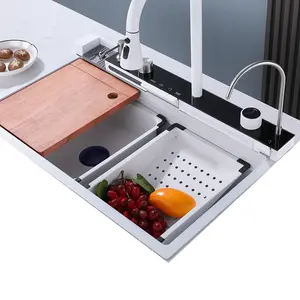 Modern 29.5x18 Inch White Digital Display Embossed Stainless Steel Nano Raindance Waterfall Sink with Pressurized Cup Washer and Two Waterfalls