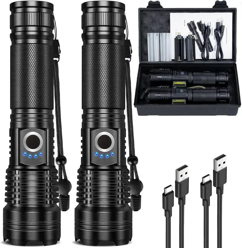 2-Pack Rechargeable LED Flashlights - 9000 High Lumens, Fast-Charging, Adjustable Zoom, 5 Light Modes, IPX6 Waterproof, Aluminium High-Powered Portable Handheld Lights for Camping, Emergency, Home Use