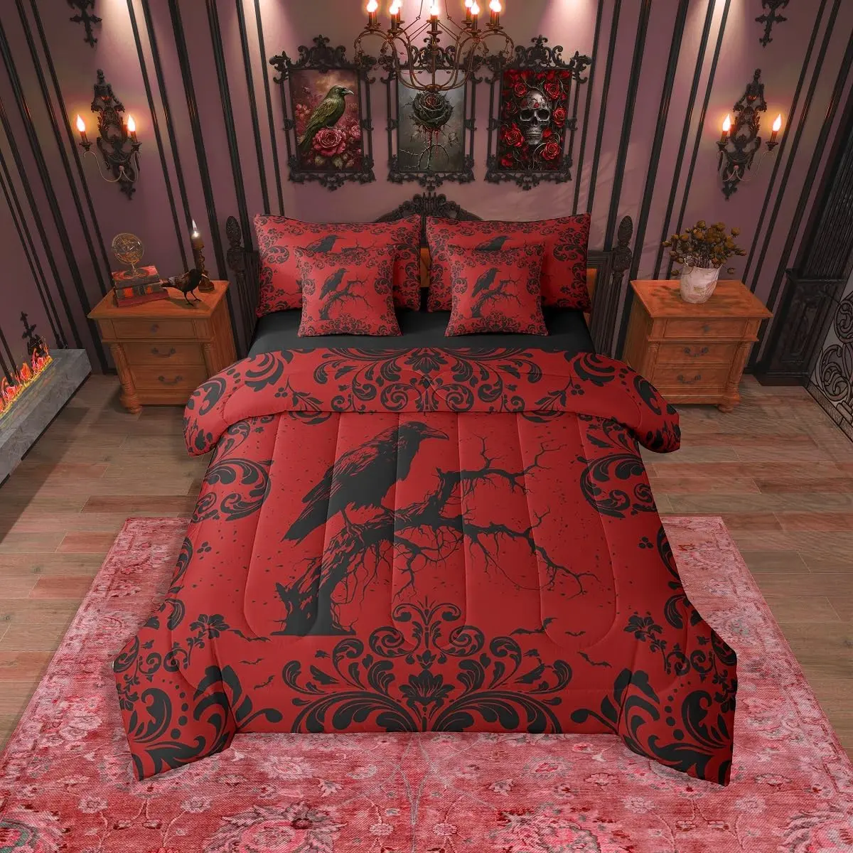 Adults Gothic Crow Bed in A Bag 7 Piece,Antique Baroque Damask Raven Comforter Set,Red Black Halloween Bedding Set,Men Goth Branch Animal Bed Set