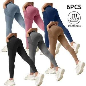 6Pcs Women's High Waist Solid Side Pocket Shaping Training Leggings.,Air-Butter 3.0 Fabric,Tummy Control,High Stretch UltraSculpt Leggings,  Butt Lifting Yoga Legging,Spring Outfits 2025