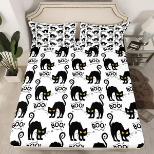 Feelyou Halloween Bedding Sets - Breathable Modern Cartoon Black Cat Fitted Sheet, Bed Cover with Pillowcases, Multi-Size Options Including Queen Bedding Sets