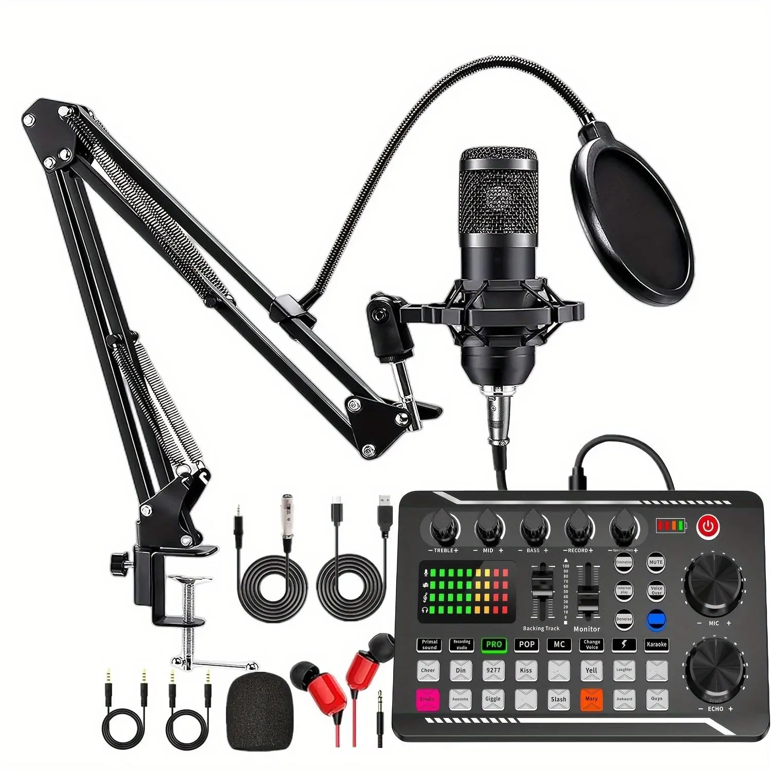 Podcast Equipment Bundle (1 Set), USB Rechargeable Podcast Microphone Bundle with Voice Changer, Condenser Microphone Recording Studio Package for Podcasting Live Streaming Singing Audio Mixer Package, Recording Kit