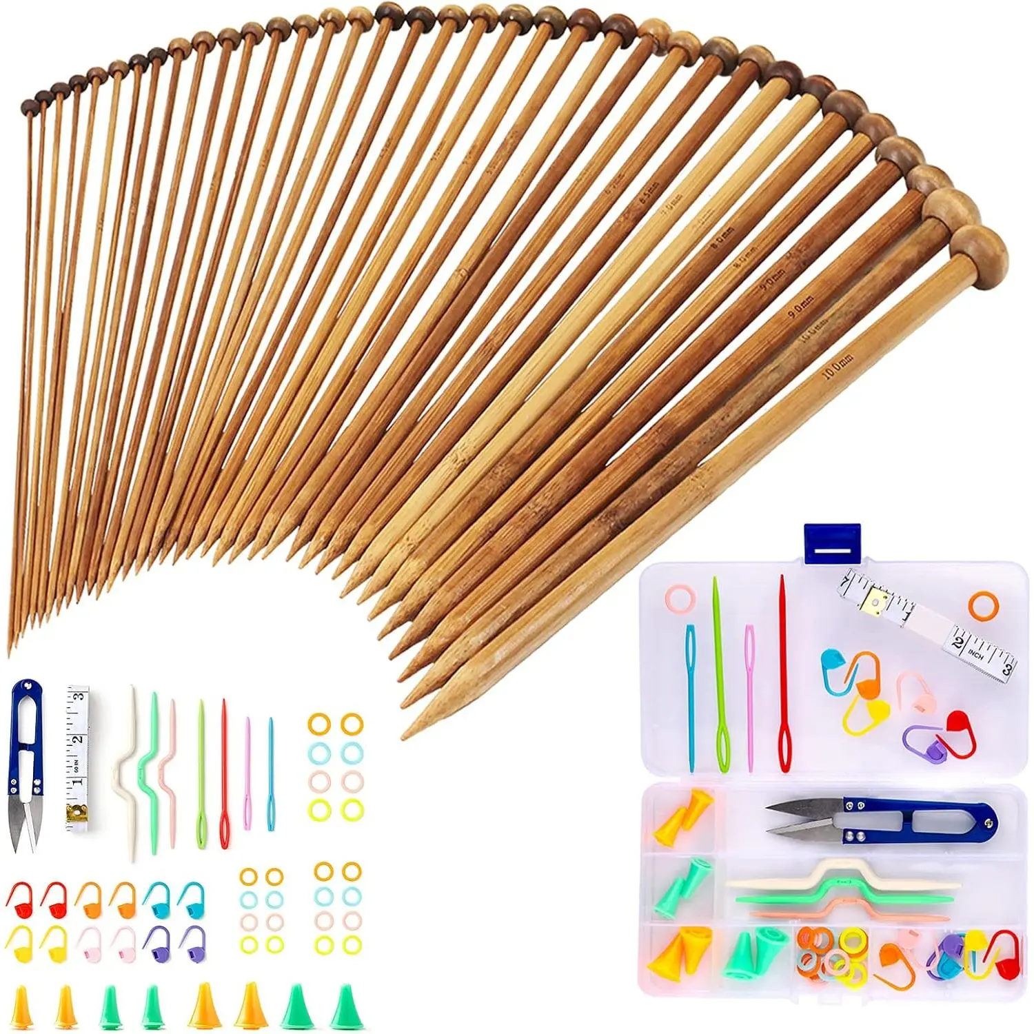 Knitting Set - 36 count Single Pointed Wooden Knitting for Beginners 9 Inches Length, 18 Sizes 2.0 mm-10.0 mm, Includes Weaving Tools Kits