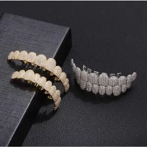 Diamond-Embedded Hop Rapper Style Streetwear Trendy Personalized Jewelry Hip Tooth Socket Golden Plated Grillz Set Sparkly Moissanite Minimalist Denture Decoration men's men accessories