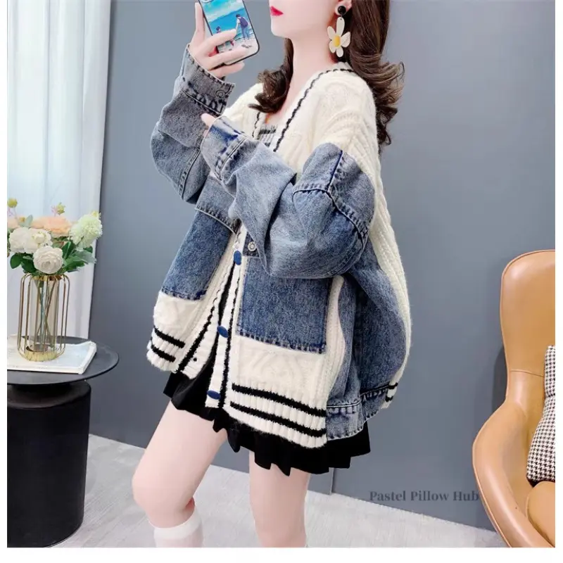 Women's Cardigan Sweater, Casual Open Front Cable Knit with Patchwork Denim, Loose Fit Long Sleeve Medium Length High-Yarn Knit