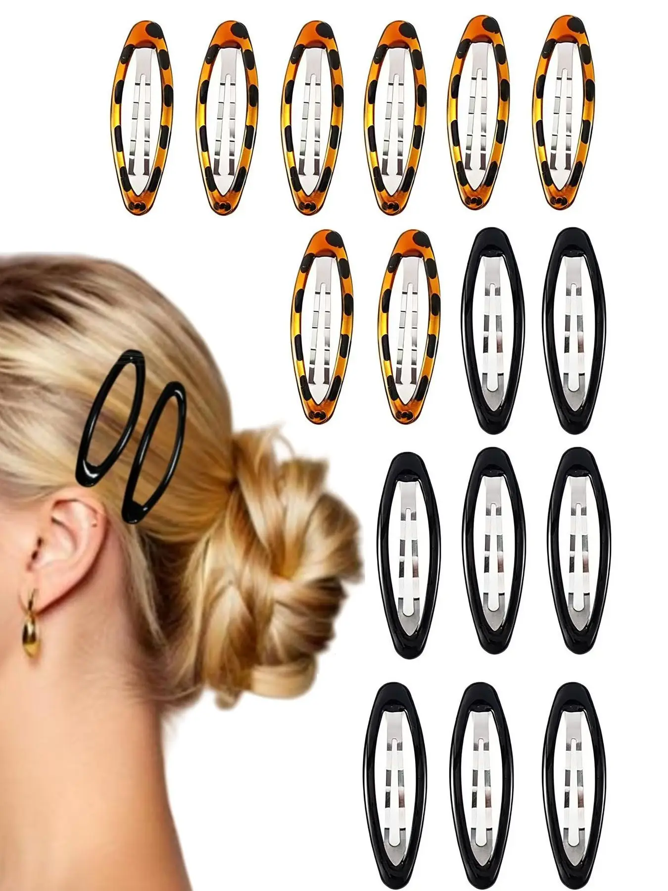 16pcs Hair Metal Barrettes for Women, Oval Large Barrettes, Small Snap Hair Clips, Flat Non Slip Large Hair Clips, & Tortoise, Hair Style Accessory