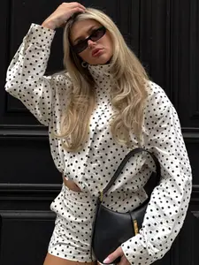 Women's Black & White Polka Dot Jacket Spring Y2K Retro Preppy Cropped Oversized Jacket High Neck Long Sleeve Outerwears Adjustable Drawstring Hem Jackets Casual Great For OOTD Reels & Weekend Getaways Jacket
