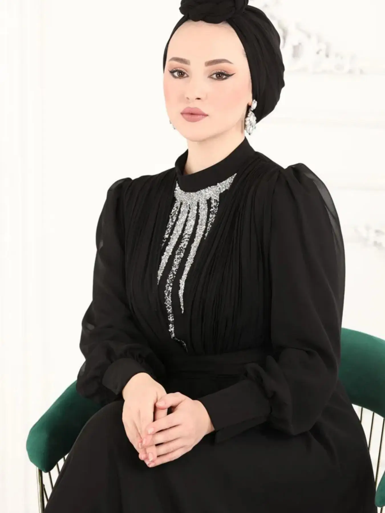 Elegant Women's High Waist Rhinestone Embellished Dress, Two-Layer Chiffon Loose-Fit Long Robe, Casual All-Season Woven Fabric