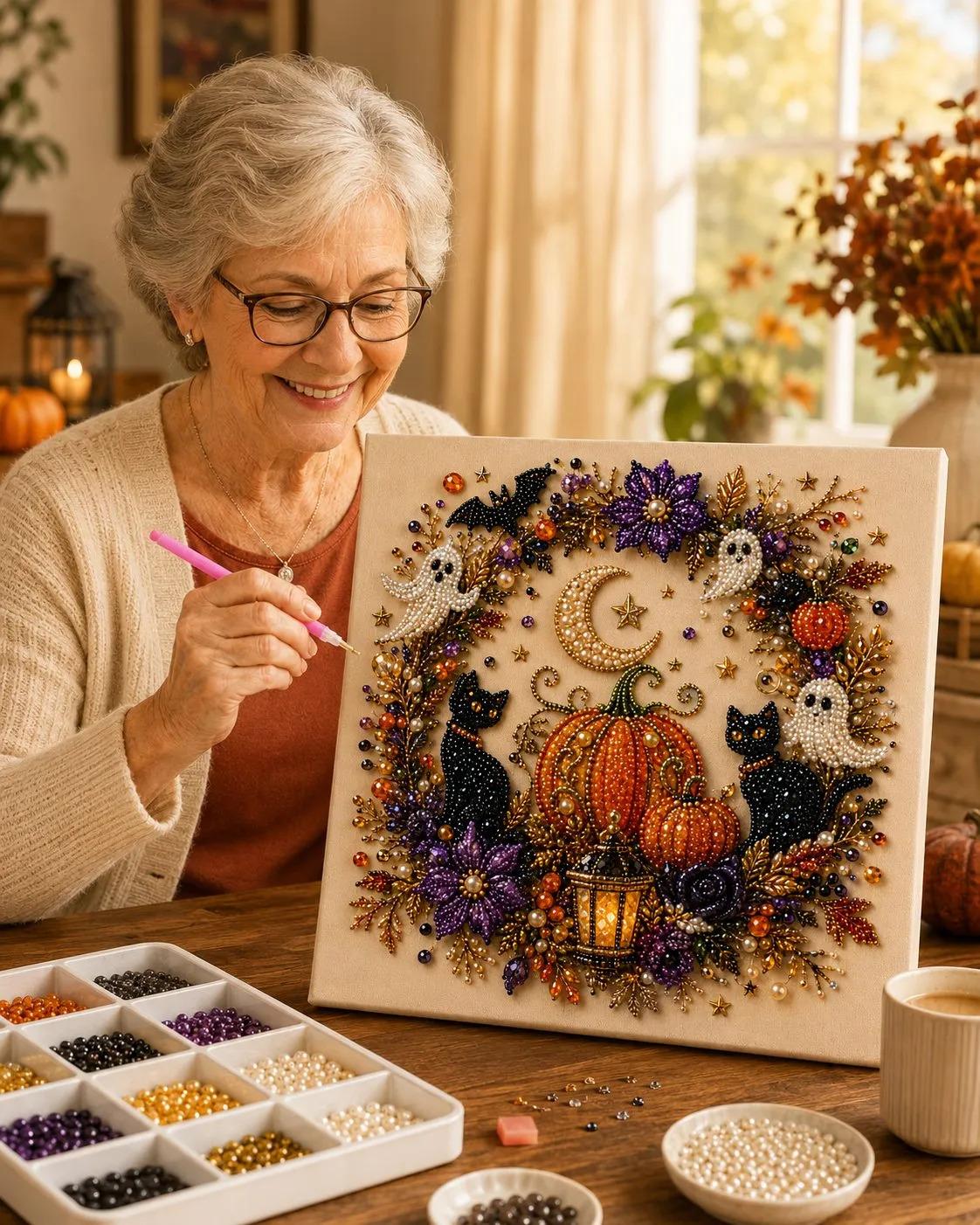 Halloween Ghost Pearl Art DIY Kit, Spooky Cute 3D Diamond Painting Crafts, DIY Fall Home Decor Wall Art, Beginner DIY Seasonal Party Gift