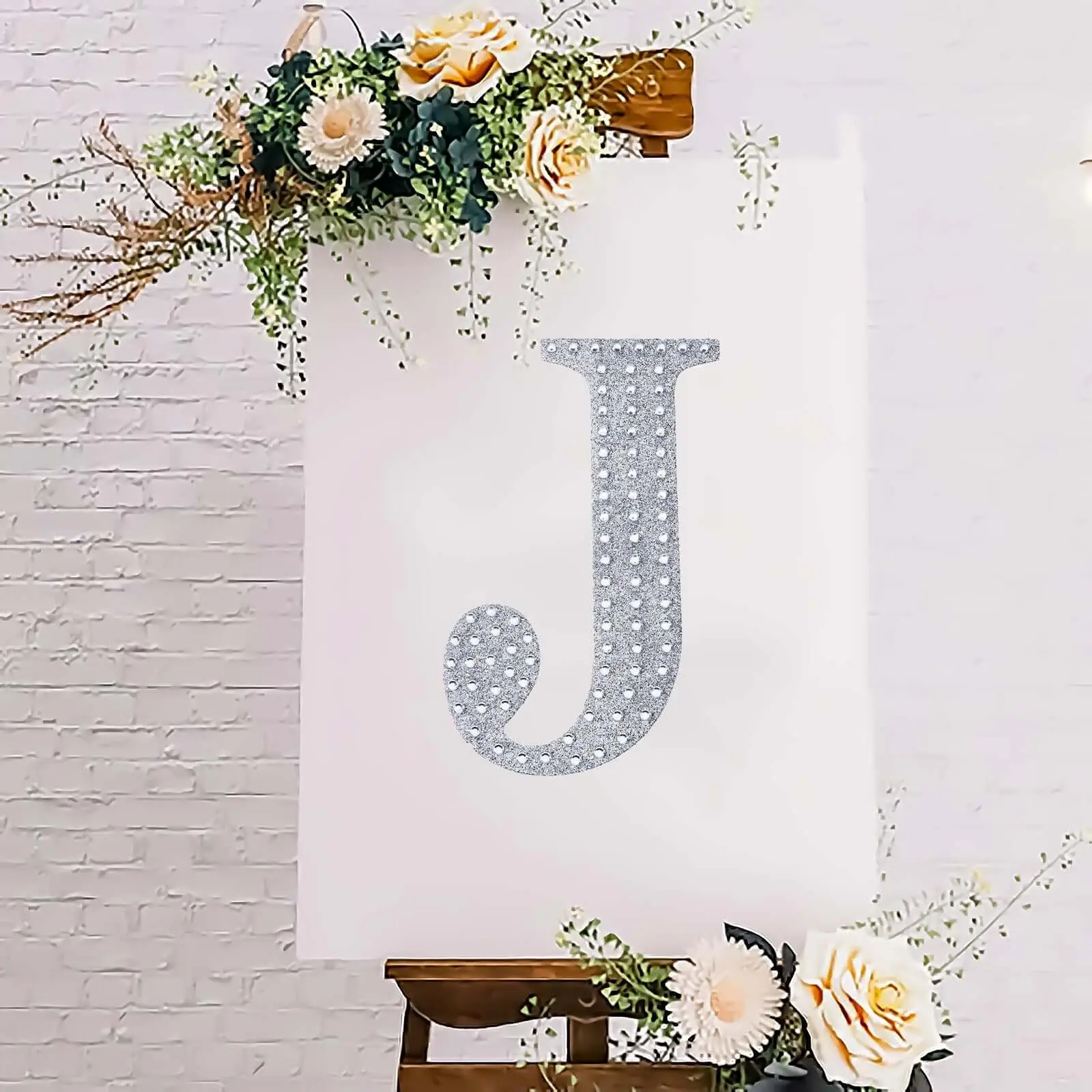 Decorative Rhinestone Alphabet "J" Letter Stickers 8", Silver Glitter Adhesive Craft Letters - DIY Sparkle Embellishments