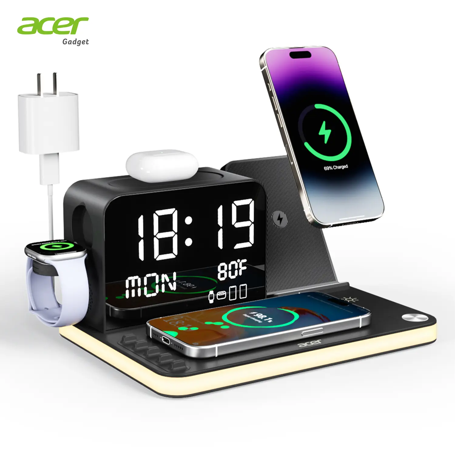 Acer 7 in 1 Wireless Charging Station with Fast Wireless Charger, LED Night Light, Bluetooth Time Sync Clock & Temperature Display, USB-A & USB-C, Magnetic MagSafe – for iPhone, Android Phone, Apple Watch & AirPods, Gift,back to school tiktokshopbacktosch