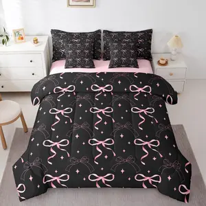 Pink Bowknot 7 Piece Bedding Set,Black Bow Knot Comforter Set with Sheets, Bow Tie Butterfly Knot Bed in a Bag,Coquette Aesthetic Bed Sets
