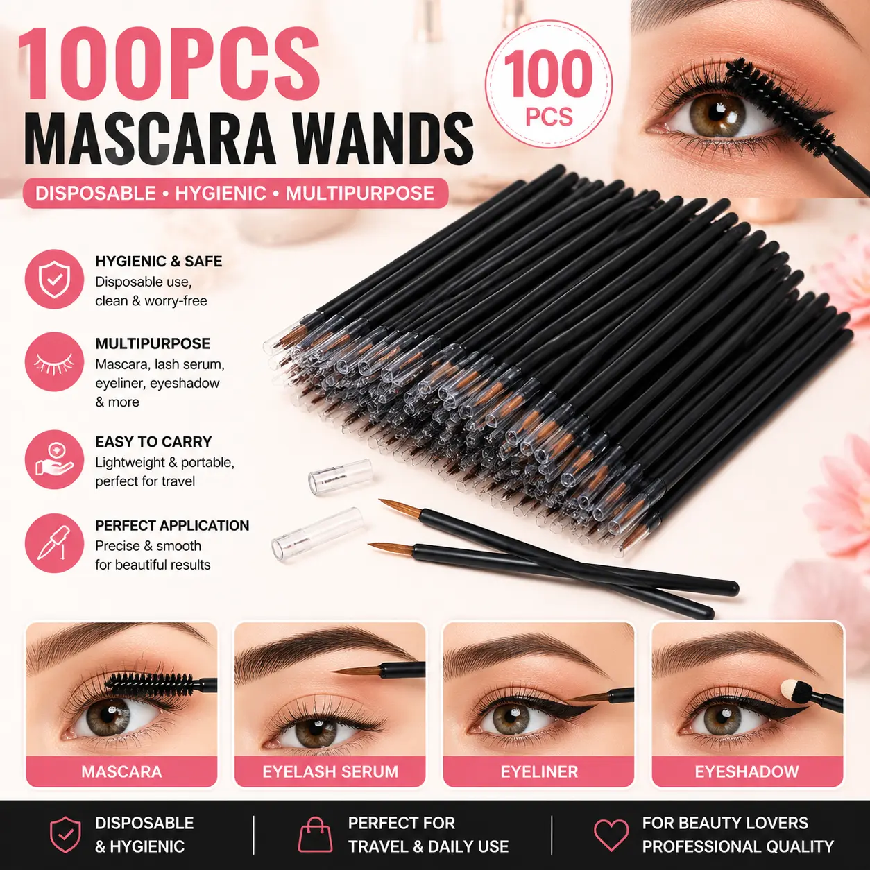 100PCS Disposable Mascara Wands with Protective Sleeves - Antioxidant-Infused Eyelash Serum Applicator Brushes, Hygienic Eye Makeup Tools for Eyelash Care & Makeup Application, Antioxidants